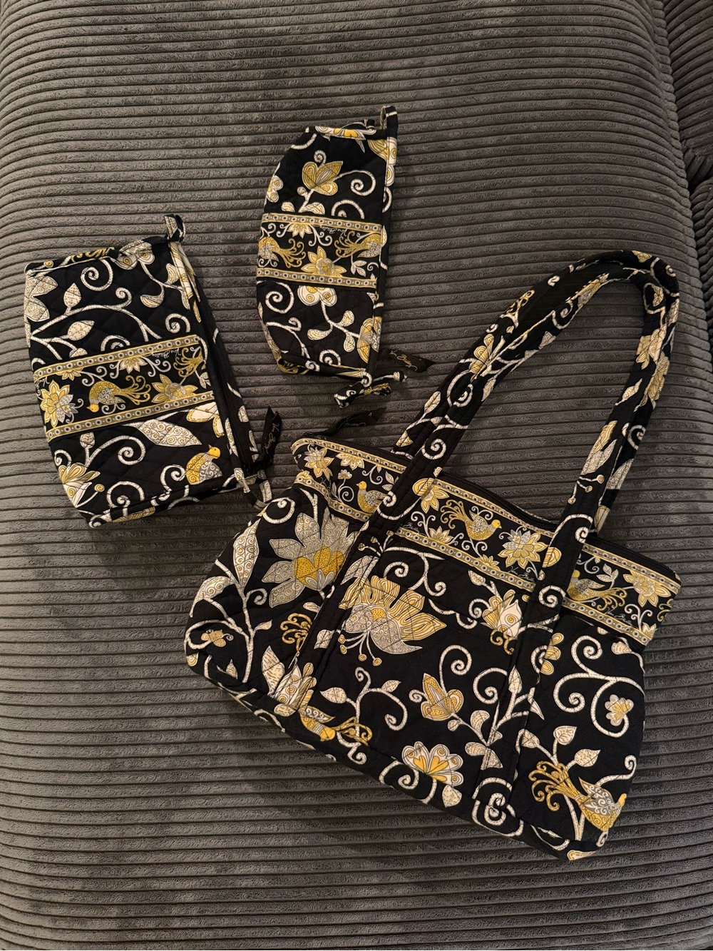 Vera Bradley Black and Gold Quilted Tote with Matching Accessories